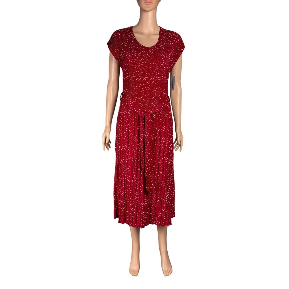 New Kindred Red Polka Dot Pleated Midi Dress L Short Sleeve Stretch Classic